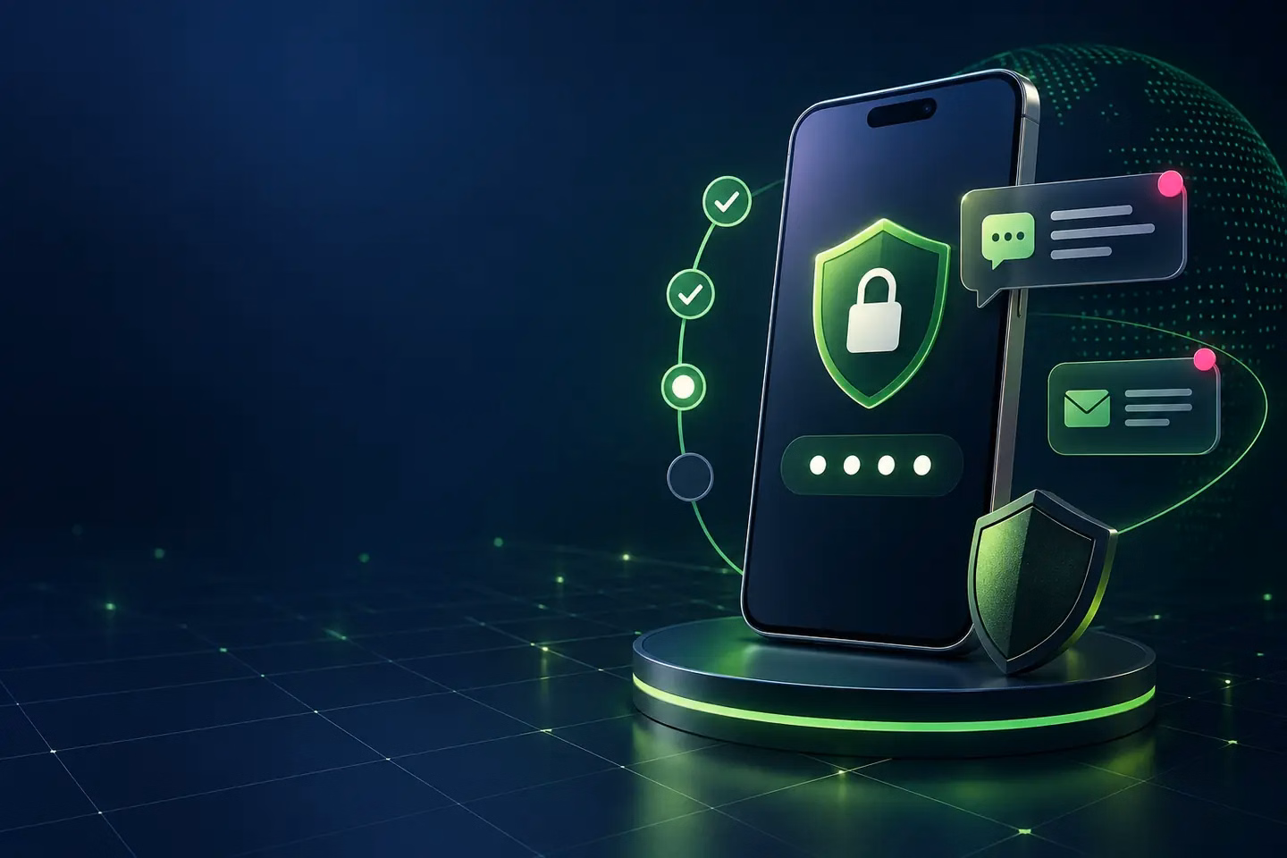 Secure phone access illustration with PIN dots and a shield