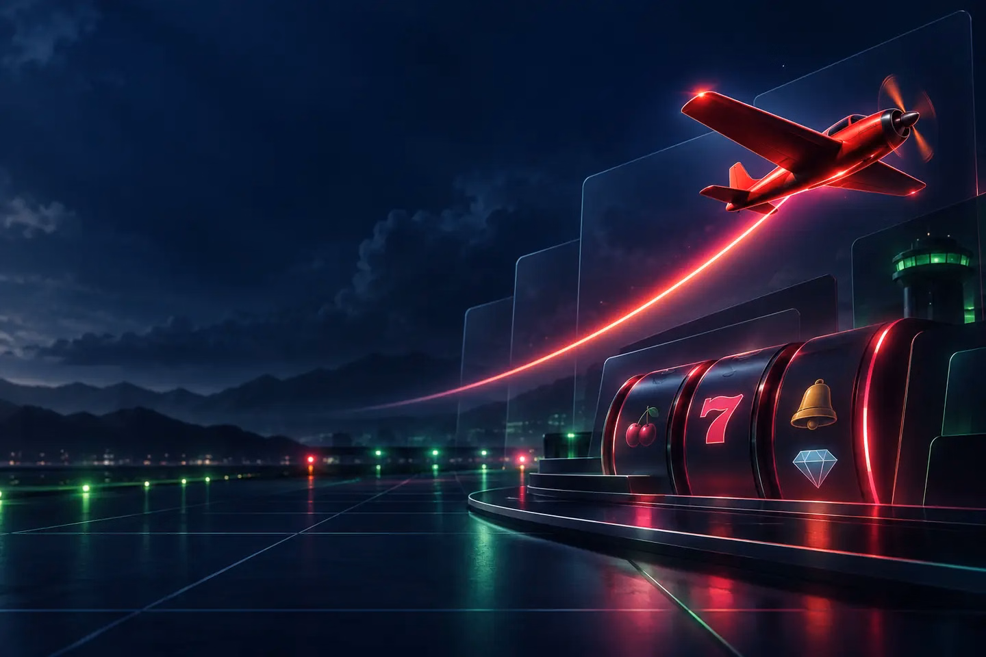 Aircraft trail and rising multiplier shapes on a dark game background