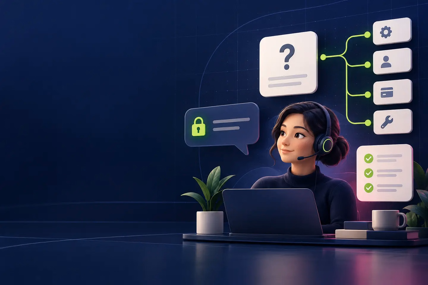 Calm customer-help desk with a phone, checklist and secure account symbols