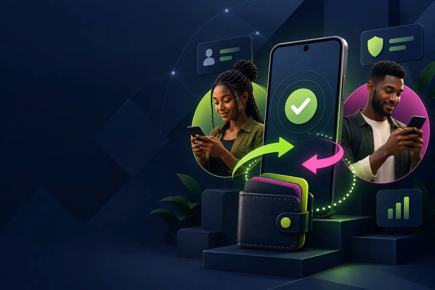 Android phone and mobile-money symbols in a dark sportsbook interface