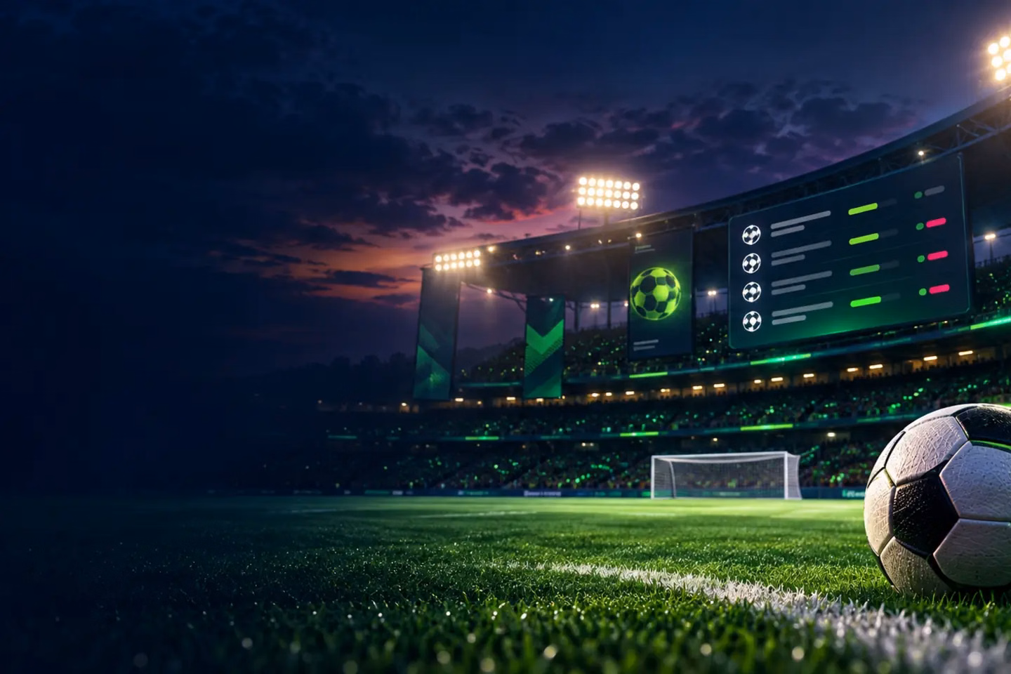 Football pitch lights and a mobile betting interface in dark green and magenta tones